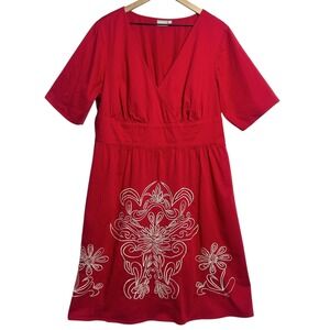 EShakti Dress Womens 2X Red Embroidered Floral Fit Flare V Neck Boho Knee Length